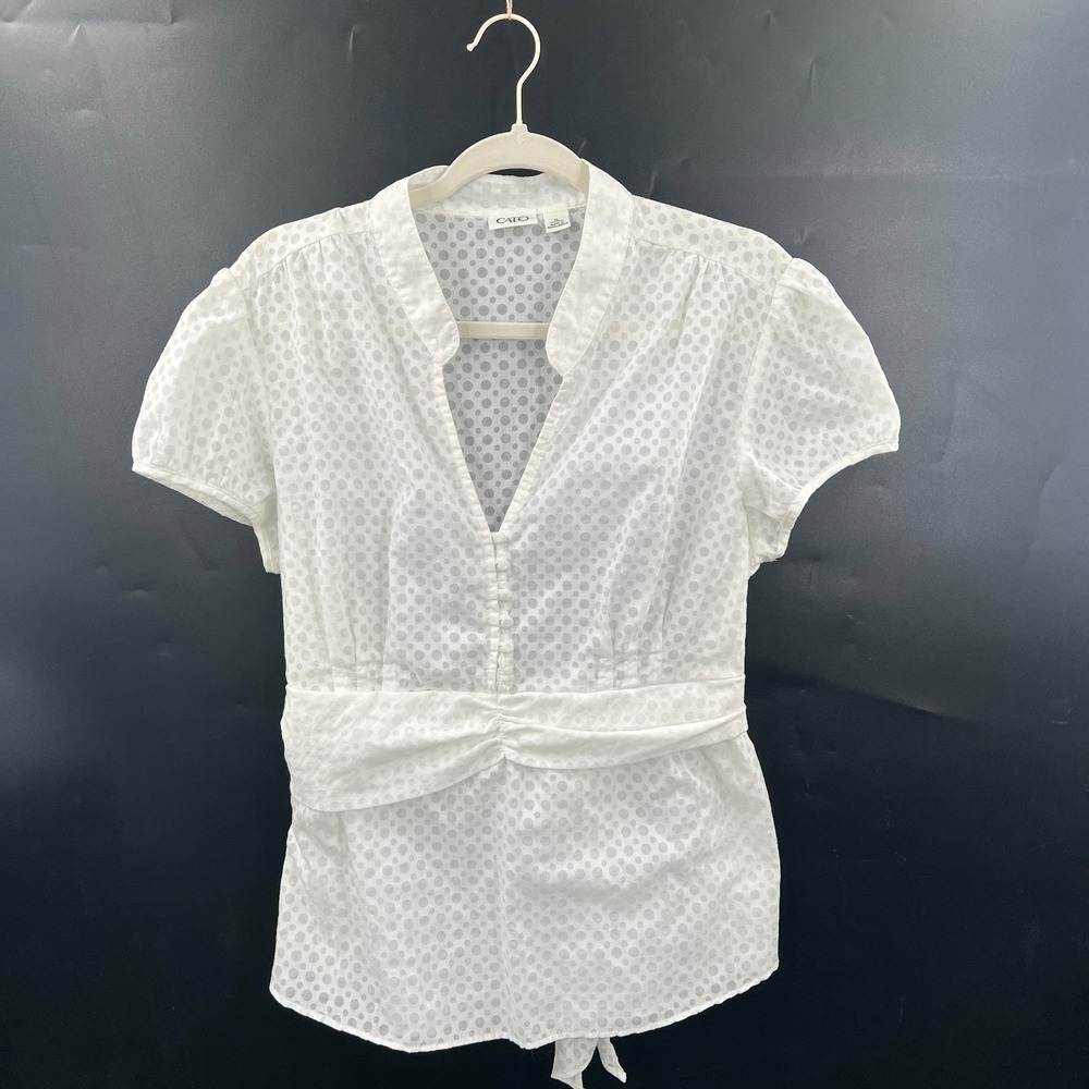 y2l Cato White Button V-Neck babydoll top sheer polkadot white peasant boho XL